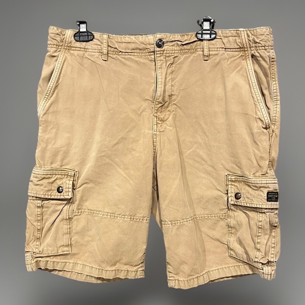 Lucky Brand Cargo Shorts Mens 34 Beige Canvas Regular Fit Casual Utility Pockets